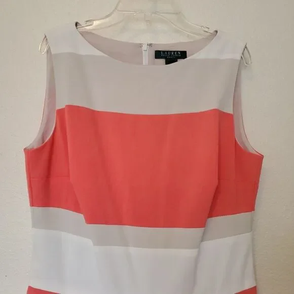 Lauren Ralph Lauren Dress Sleeveless Coral Beige Pleated Women’s Size 10 Lined - Picture 2 of 14